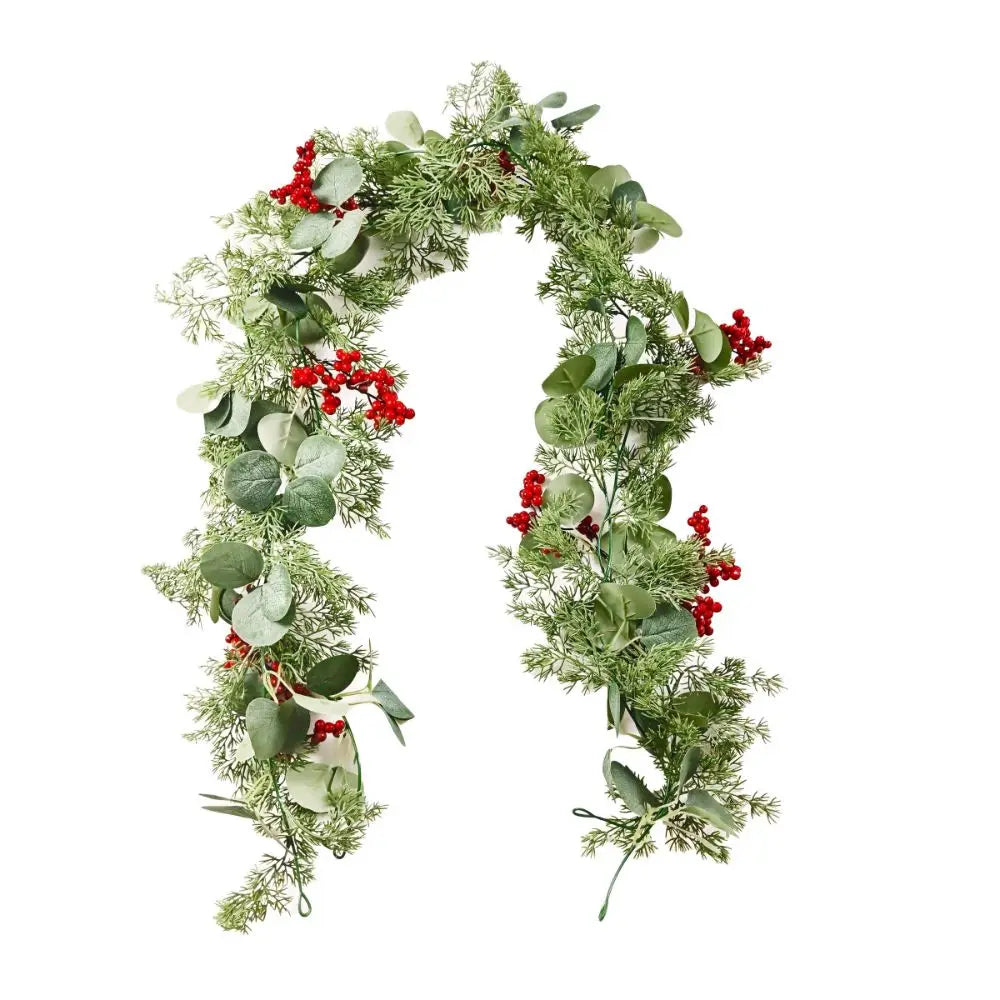 5.9 ft (1.8 m) Eucalyptus Christmas Garland with Red Berries & Pine Cones — Flexible Holiday Vine for Door, Mantel & Staircase