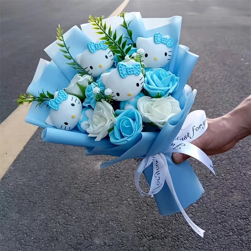 Kawaii Cat Plush Bouquet with Soap Rose Flowers — Cute Valentine's Day, Birthday & Graduation Gift