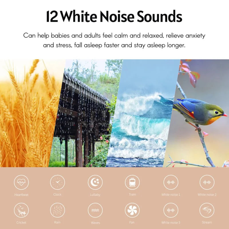 Portable White Noise Machine with Night Light – 12 Soothing Sounds, 7 Color Lights, Timer & Rechargeable Battery for Baby Sleep