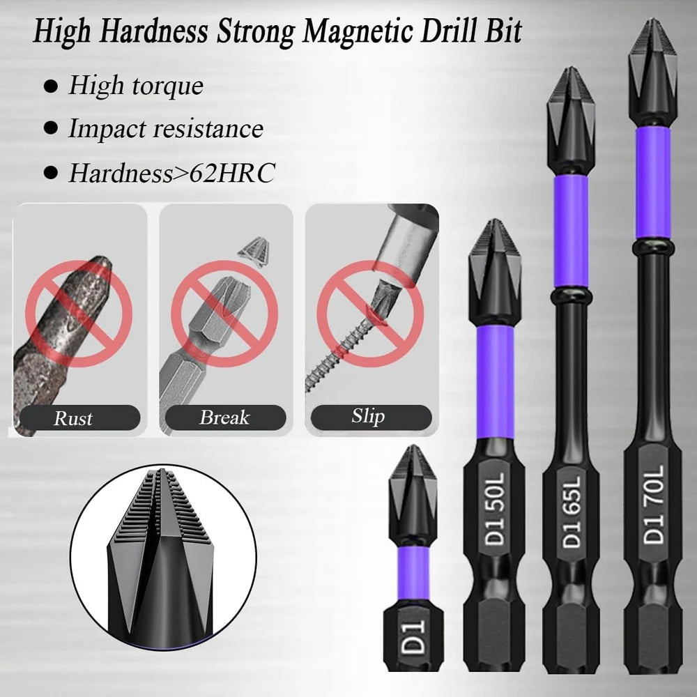 6/12-Piece Magnetic Impact Screwdriver Bit Set — Non-Slip Shockproof Phillips Torsion Bits, 1/4 in (6.35 mm) Hex Shank, Alloy Steel