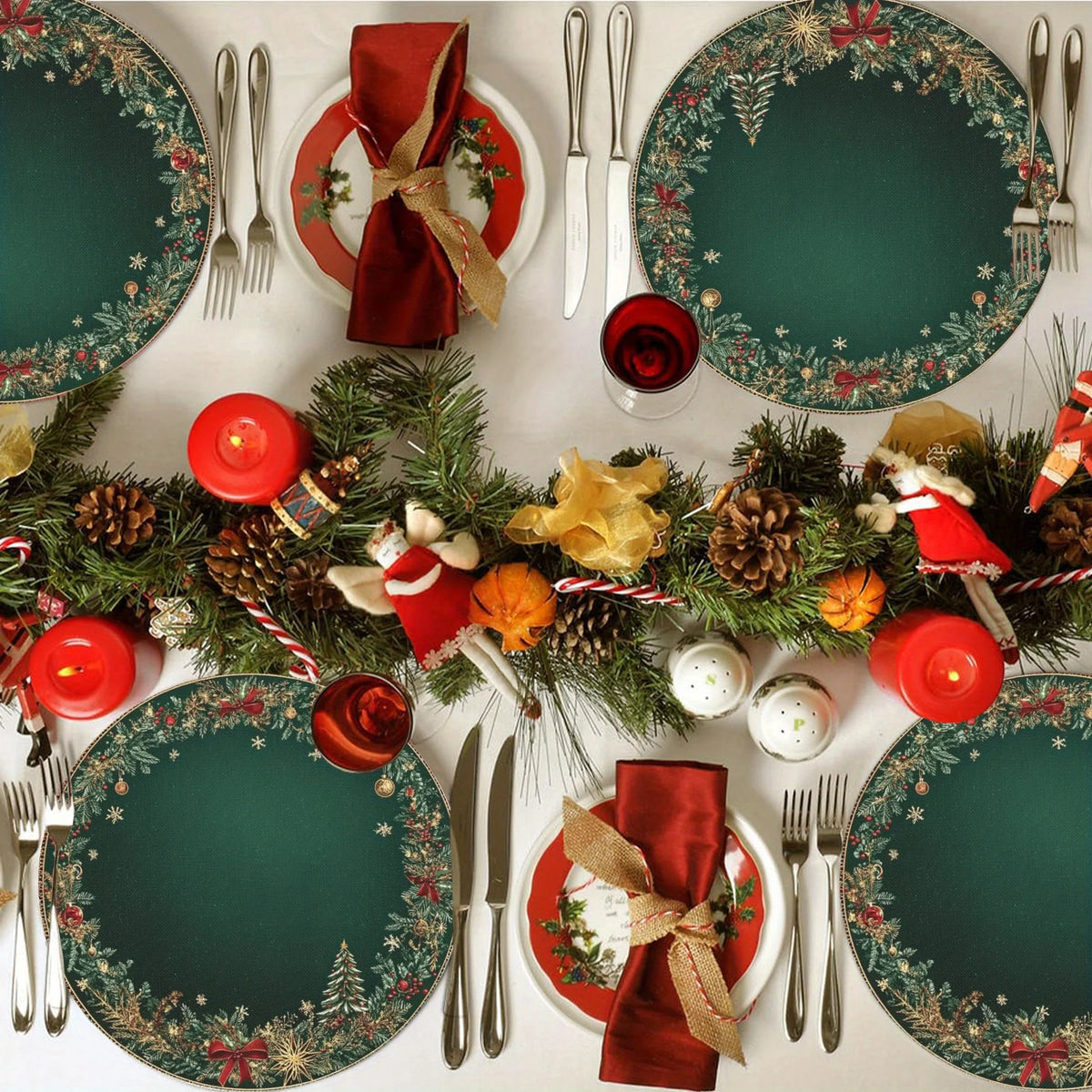 4-Pack Christmas Pinecone Red Berry Placemats 15 x 15 in (38 x 38 cm) Holiday Table Decor