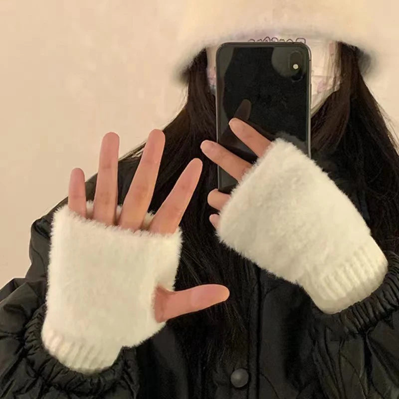 Faux Mink Fleece Fingerless Gloves for Women - Plush Knitted Half-Finger Wrist Mittens for Driving & Writing (One Size 16 x 9 cm / 6.3 x 3.5 in)
