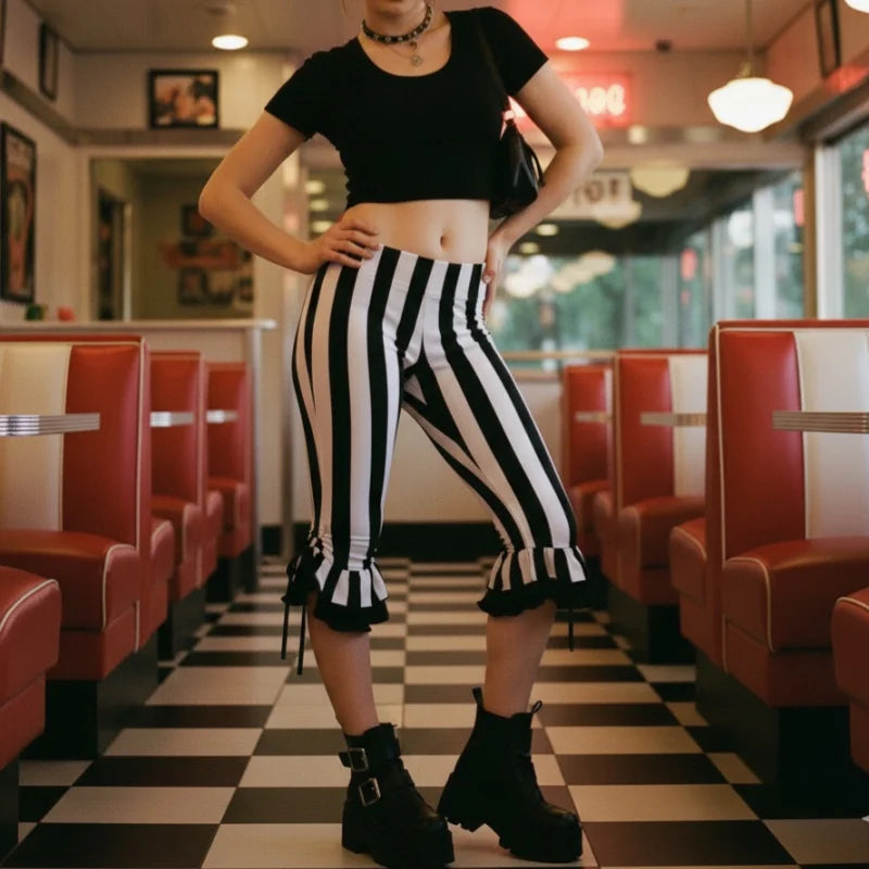 Black and White Striped Calf-Length Capri Pants — Y2K Wide-Leg Bell Bottom Leggings, Low-Waist Slim Fit for Cosplay & Halloween
