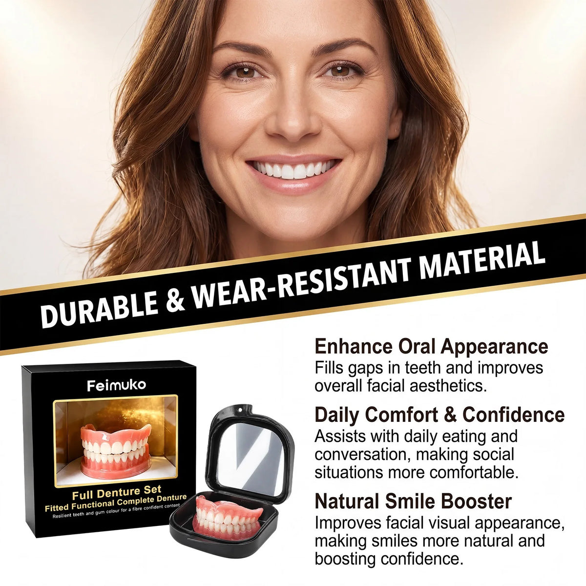 Custom Upper & Lower Full Mouth Silicone Dentures, Lifelike Natural Teeth and All-Day Comfort