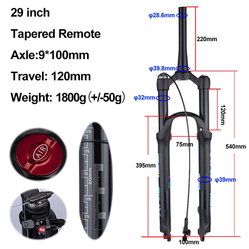 MTB Air Suspension Fork — 120mm Travel, Rebound Adjustable, 26/27.5/29 in, 9x100mm Quick Release, Disc Brake Compatible