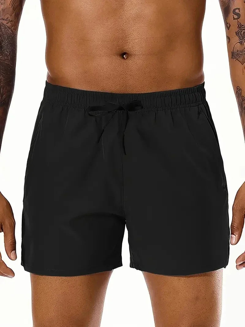 Men's Summer Beach Casual Comfortable Elastic-Waist Solid Color Sports Shorts with Double Pockets