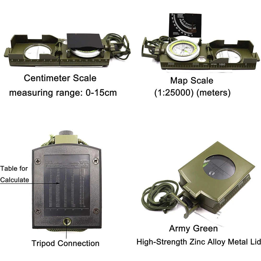 Multifunctional High-Precision Waterproof Military Compass for Camping & Hiking — Metal Survival Compass with Fluorescent Dial, 3.7 x 2.6 x 1.1 in (9.4 x 6.6 x 2.8 cm)