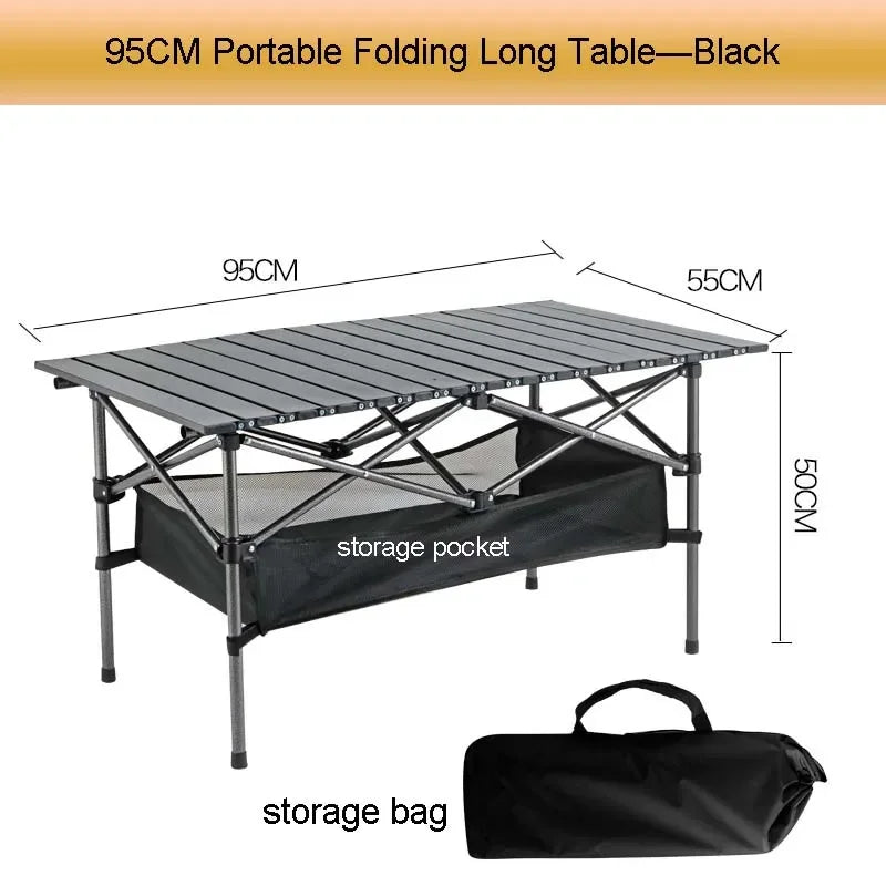 Portable Folding Camping Table with Net Bag, Long Outdoor Picnic Table 95cm/120cm (37.4 in/47.2 in), Black