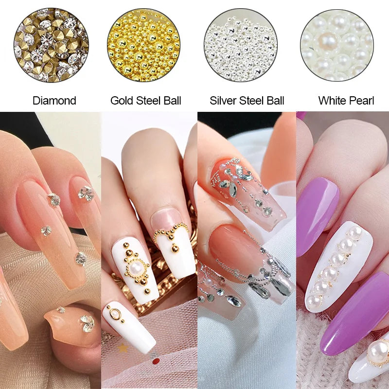 12-Grid 3D Flower Nail Charms Set - Mixed Colors Caviar Beads, Rhinestones & Pearls for DIY Nail Art (3mm & 6mm / 0.12 in & 0.24 in)