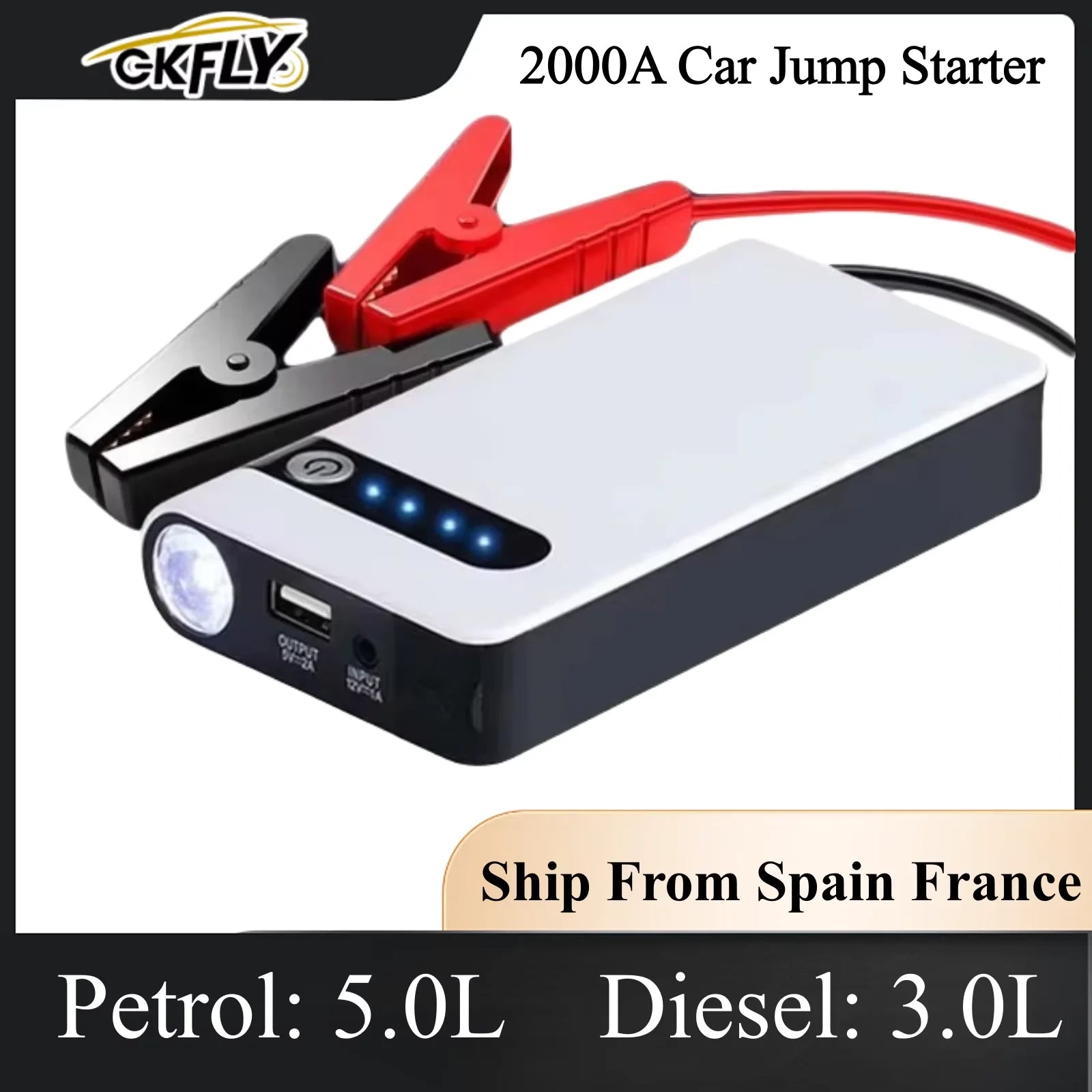 2000A Portable 12V Car Jump Starter & 44.4Wh Power Bank — Battery Booster Charger with USB, LED Flashlight, SOS, Start Petrol up to 4.0L Diesel up to 3.0L