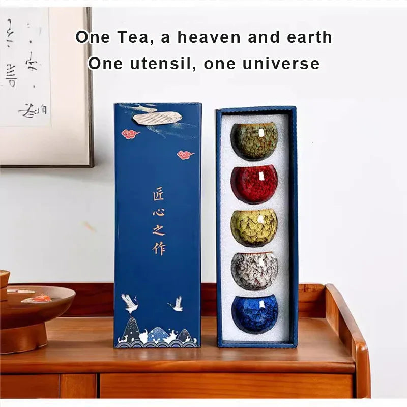 Five Elements Kiln-Change Ceramic Tea Cup Set with Gift Box, 5-Piece Porcelain Cups 150 ml (5.07 fl oz)