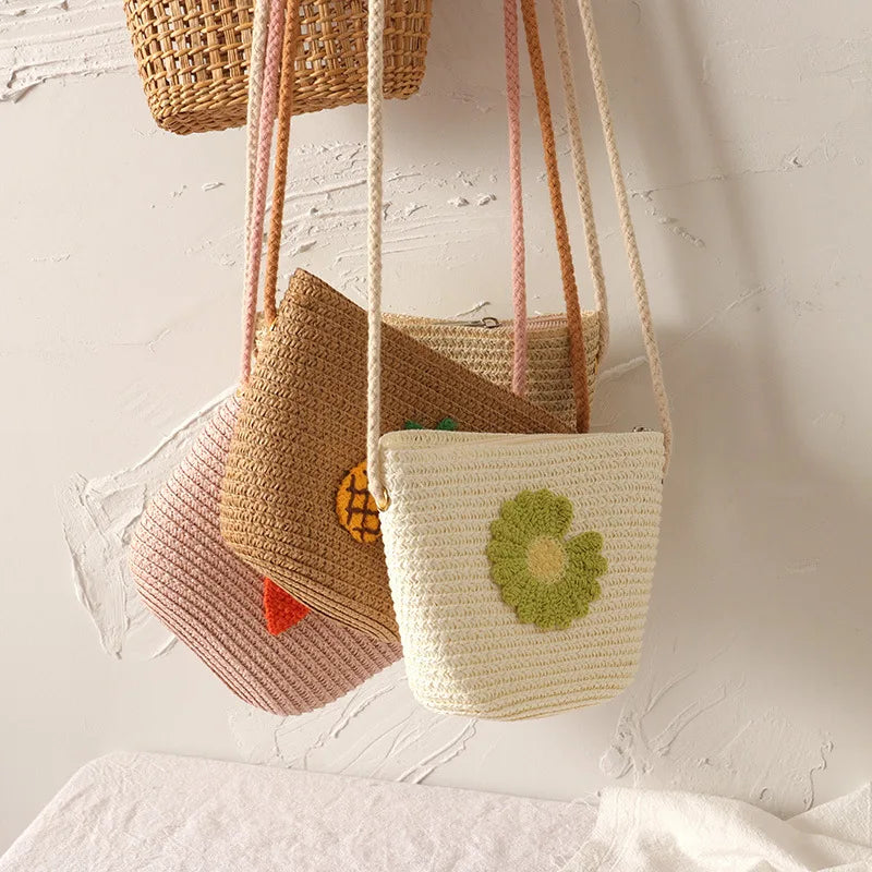 Girls Straw Woven Messenger Bag Cute Mini Shoulder Purse Kids Small Handbag