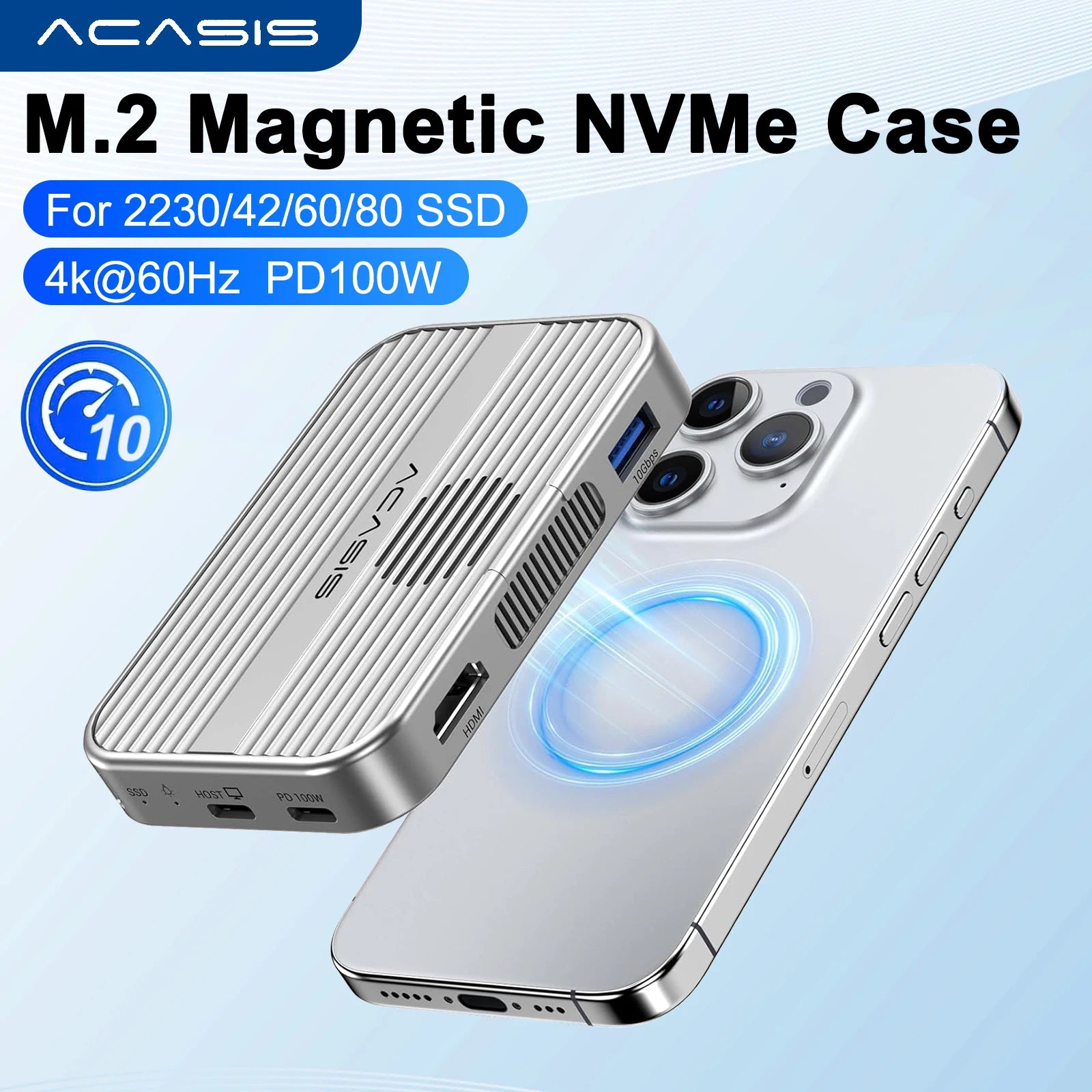 MagSafe Magnetic M.2 NVMe SSD Enclosure & 6-in-1 USB-C Docking Station — 10Gbps, HDMI 4K@60Hz, SD/TF, PD 100W, Cooling Fan, Supports 2230/2242/2260/2280 up to 8TB