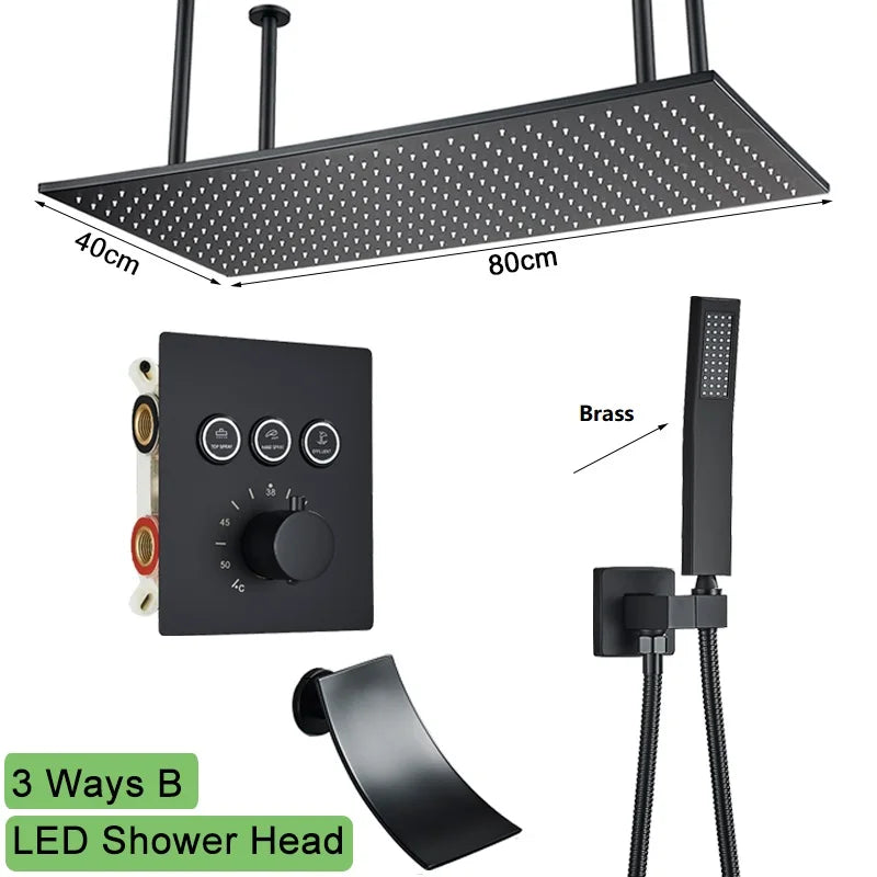 Big Black Thermostatic Ceiling-Mounted Rainfall Shower System with Hand Shower – Thermostatic Mixer Tap, 150 cm (59 in) Hose, 400+ mm (15.7+ in) Rain Head