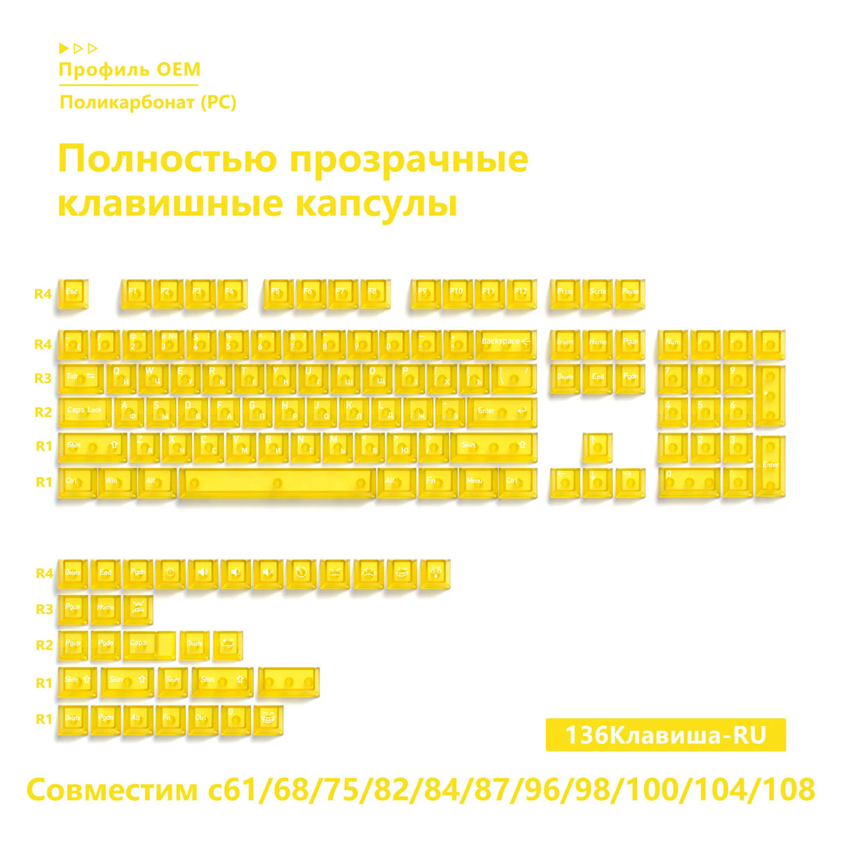 136-Key Transparent Multilingual Keycap Set for Mechanical Keyboards — EN/JP/RU/KR PC Compatible
