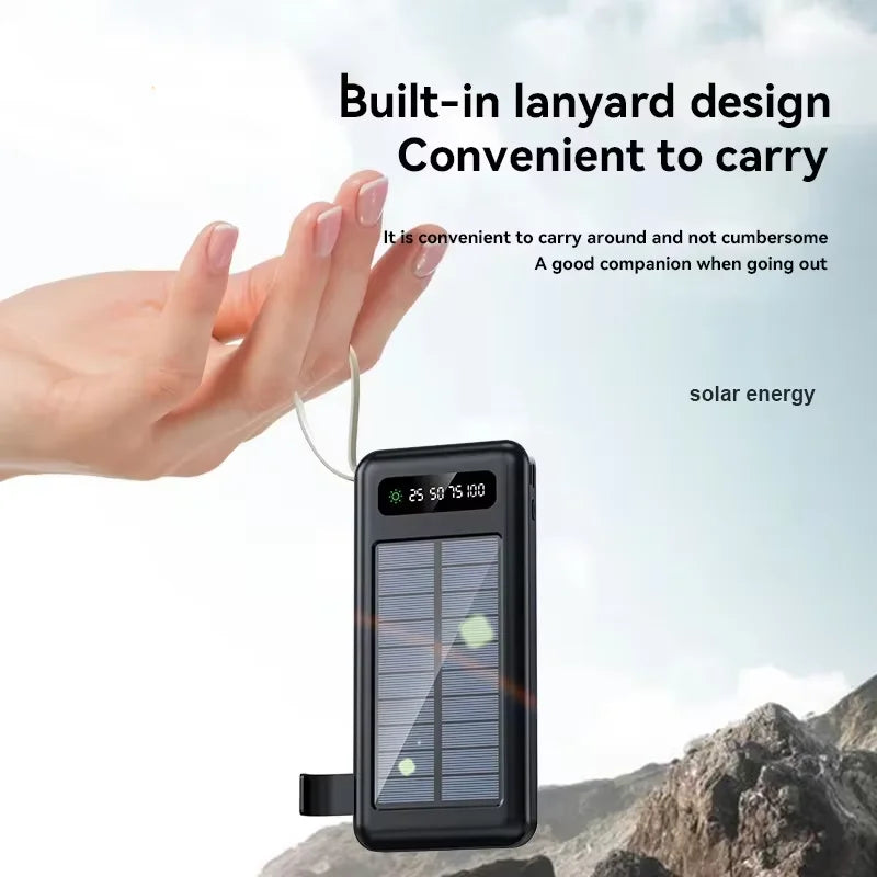 200000mAh Solar Power Bank – Large Capacity Portable Charger with Dual USB, 4 Built-In Cables, Fast Charging & LED Display