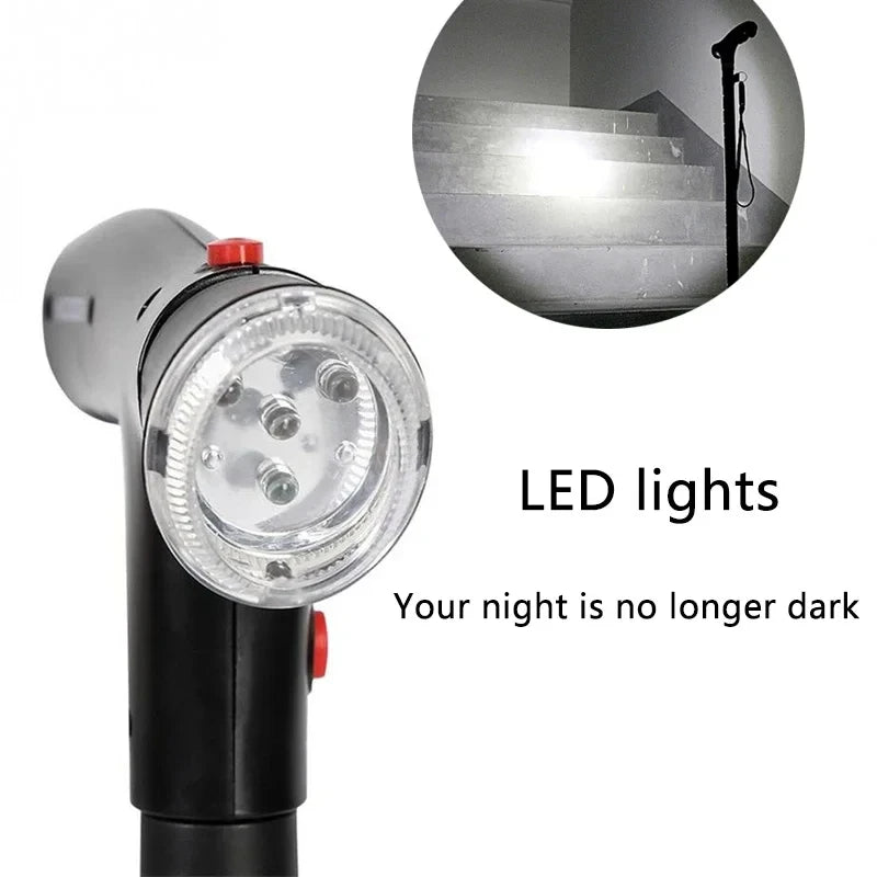 Collapsible Telescopic Walking Cane with LED Light & Alarm, Adjustable 4-Point Quad Base T-Handle for Seniors