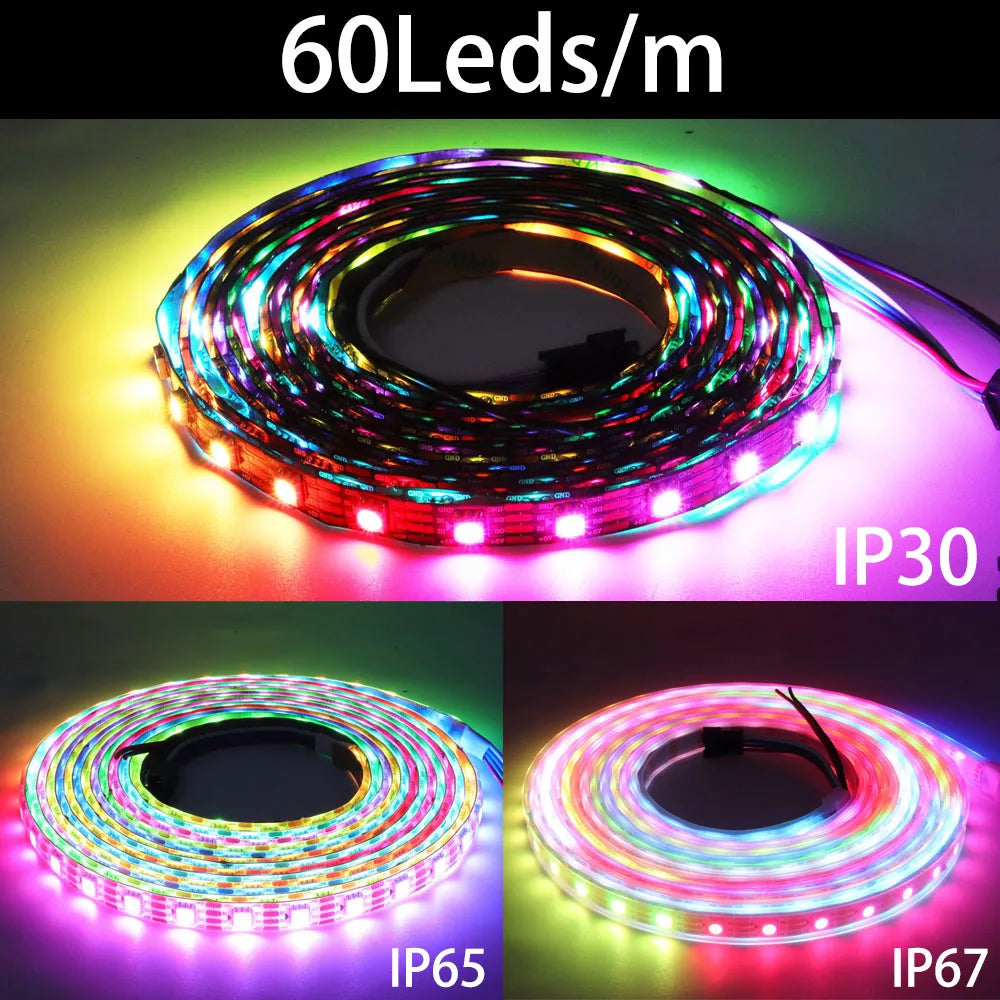 5050 RGBIC Individually Addressable LED Strip — 30/60/144 LEDs per Meter, DC 5V/12V, IP30/IP65/IP67 Waterproof Options
