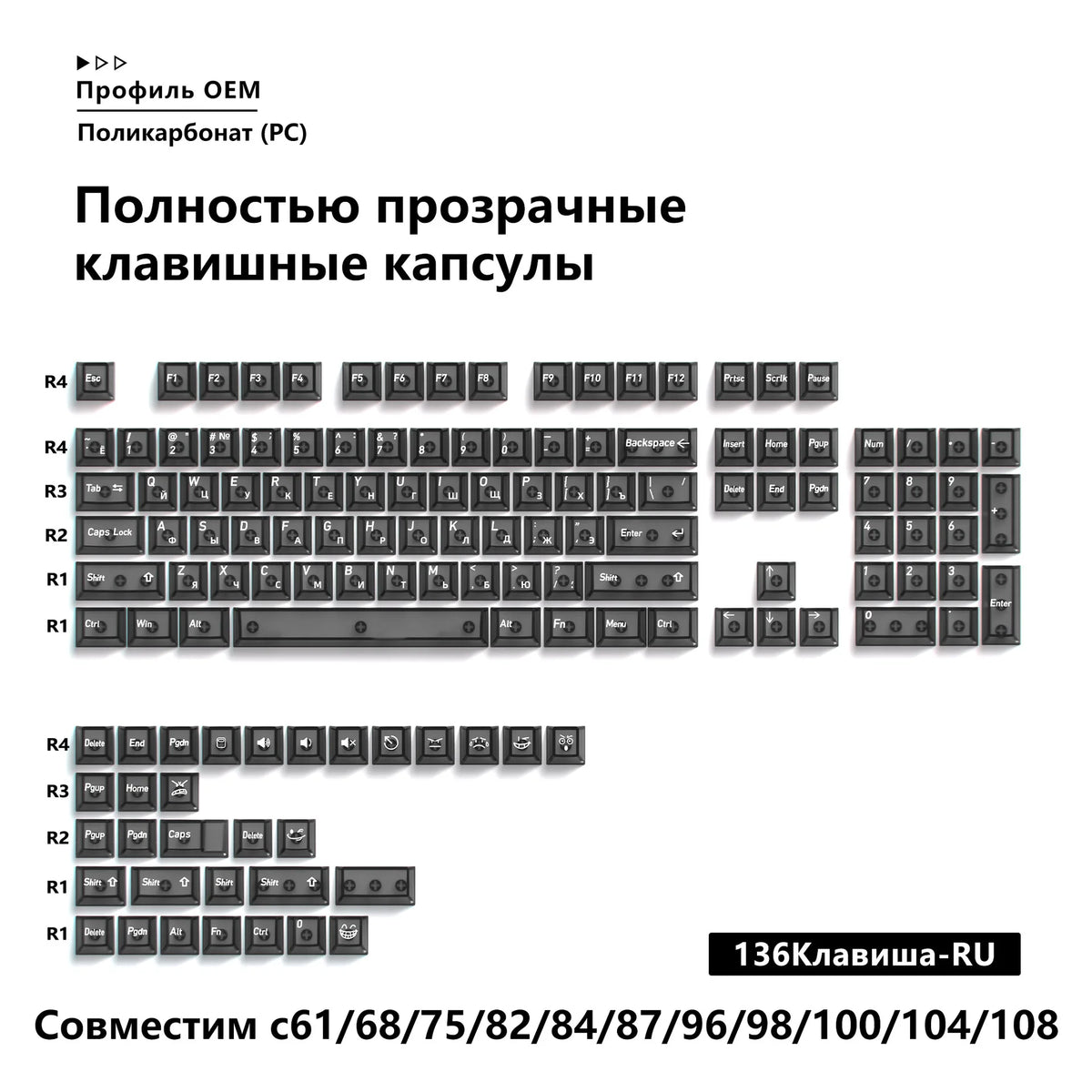 136-Key Transparent Multilingual Keycap Set for Mechanical Keyboards — EN/JP/RU/KR PC Compatible