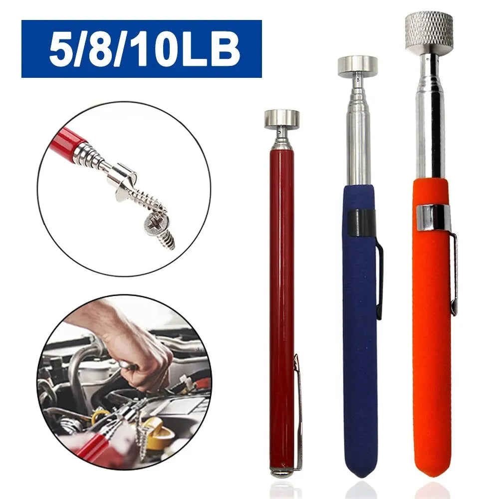 3-Pack Magnetic Retractable Pickup Tools with Pen Clip — 5 lb, 8 lb, 10 lb Capacities, Extend 5.3–28.7 in (135–730 mm) for Automotive & DIY