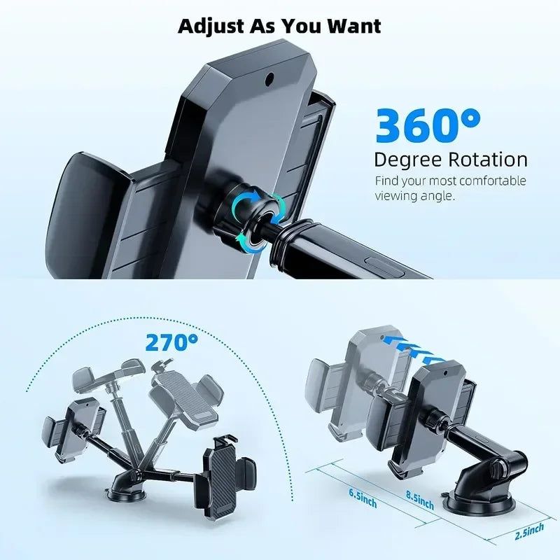 360° Suction Car Phone Mount – Dashboard, Windshield & Vent Holder with Telescopic Arm, One-Hand Operation, Fits 4–7 in (10–17.8 cm)