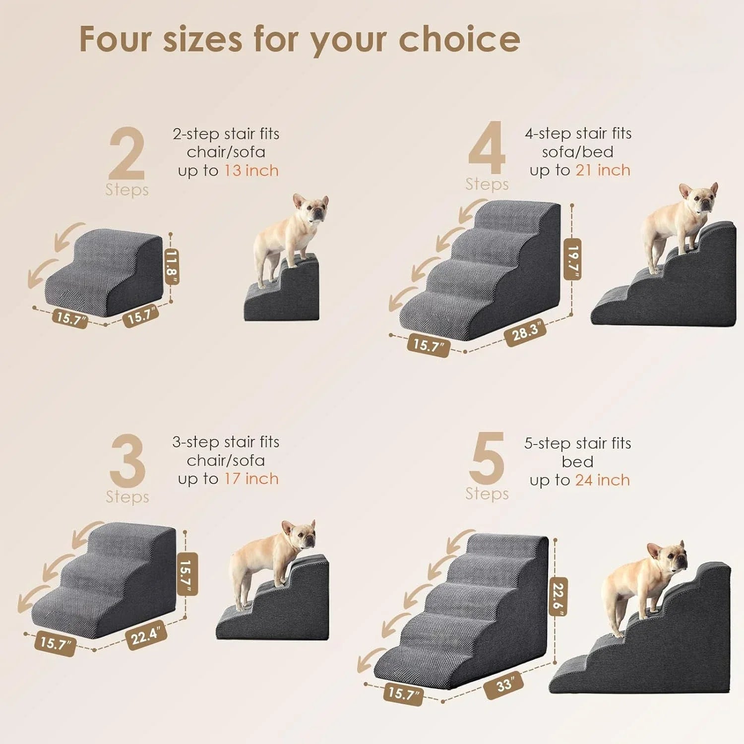 Curved Foam Pet Stairs for Dogs and Cats — 2–5 Step Non-Slip Ramp Fits Beds Up to 24 in (61 cm)