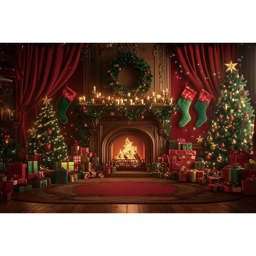 Christmas Photography Backdrop - Red Curtain & Window Scene with Snowy Bear and Gifts for Kids & Family Portraits