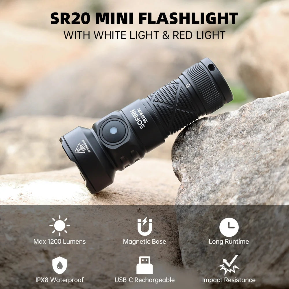 Mini 1200lm Rechargeable Flashlight – USB-C 18350 Battery, IPX8 Waterproof, Red Night-Vision LED for Camping & Emergency