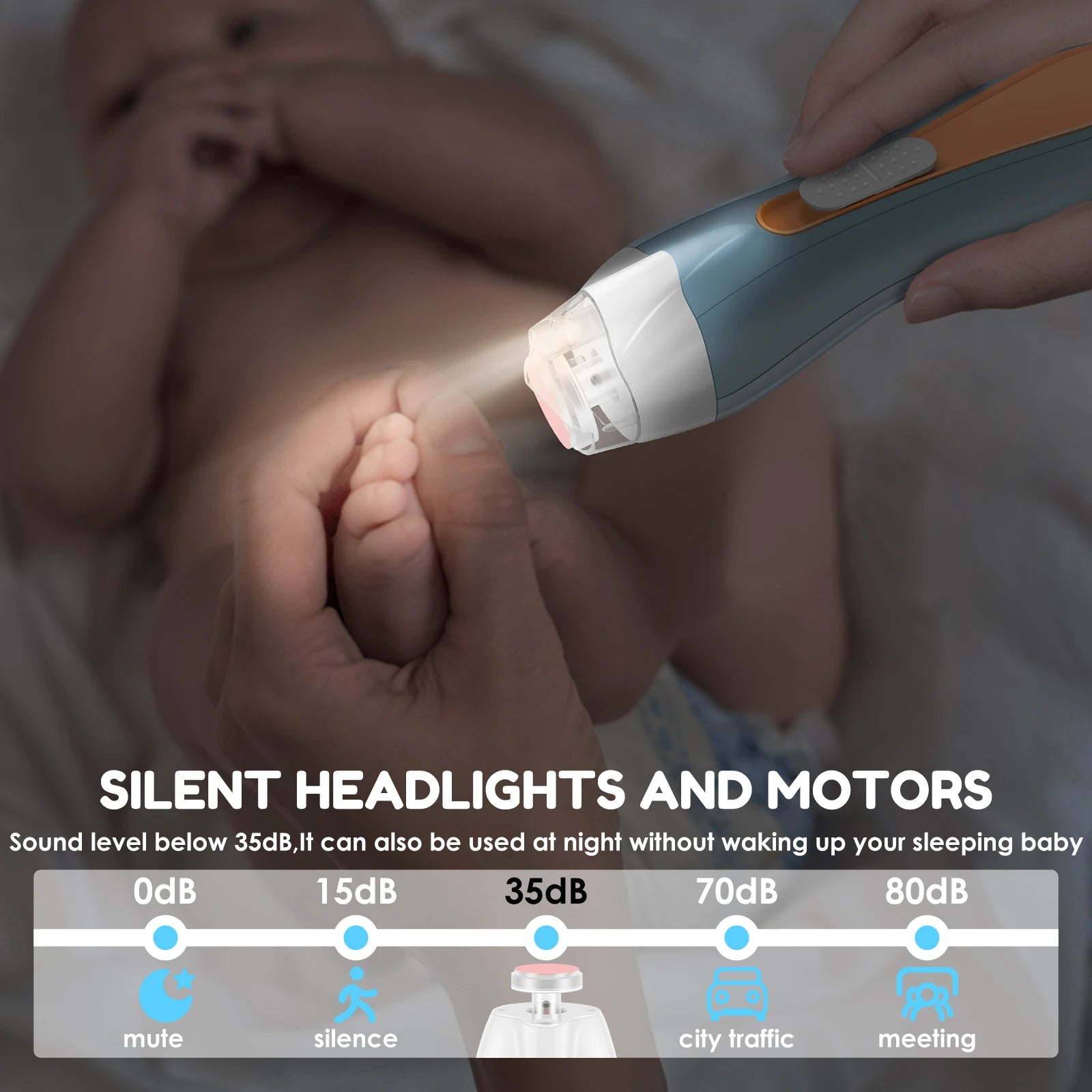 USB Rechargeable Electric Baby Nail Trimmer, LED Light, Silent Motor, Adjustable Speed, 6 Grinding Heads (Newborn to Adult)