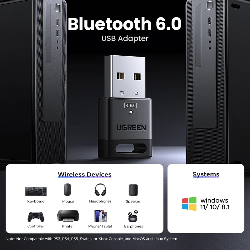 USB Bluetooth 6.0 Adapter Dongle for PC Windows 11/10/8.1 - Receiver & Transmitter for Keyboard & Mouse