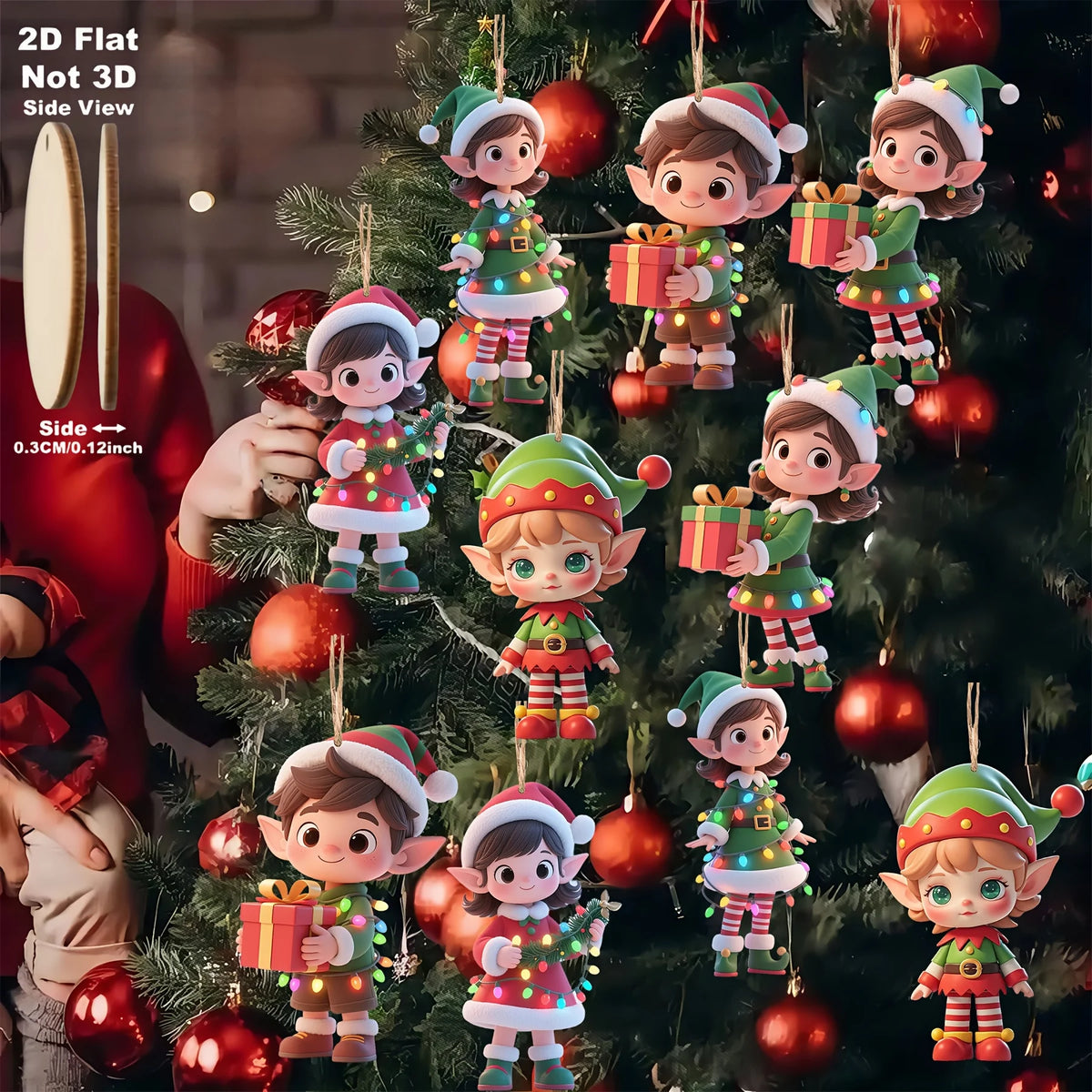 10-Pack Wooden Elf Ornaments - 2D Hanging Christmas Tree Decorations, Flat Elf Holding Gift Pendants for Holiday Party & Home Décor
