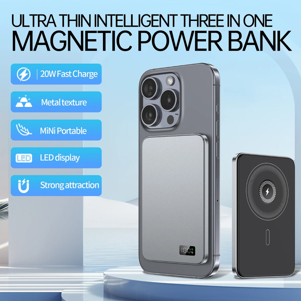 Ultra-Thin Magnetic Wireless Power Bank 20W - Alloy Portable MagSafe-Compatible Charger
