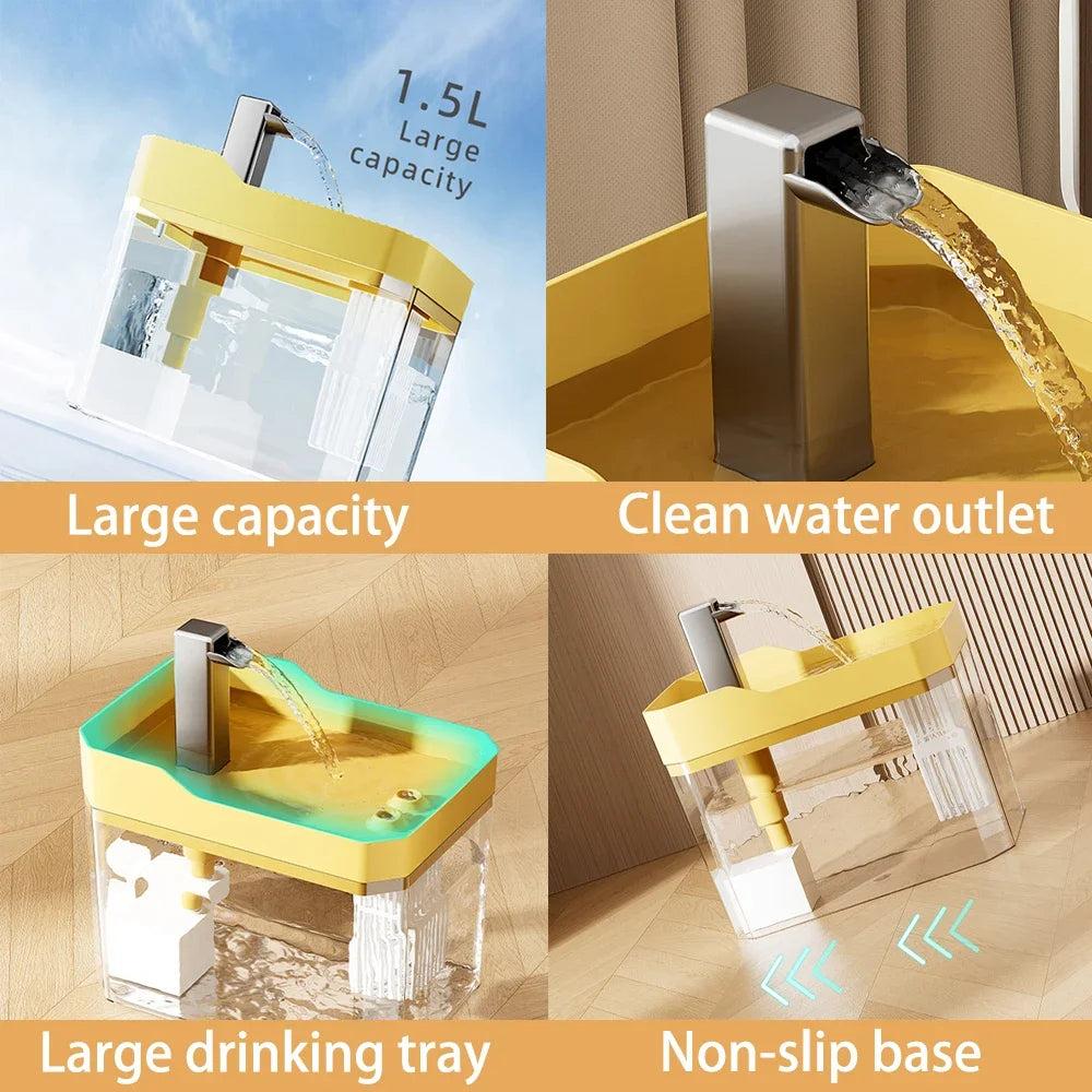 Automatic Cat Water Fountain 1.5L USB Recirculating Filtered Water Dispenser with Anti-Dry Pump, Transparent