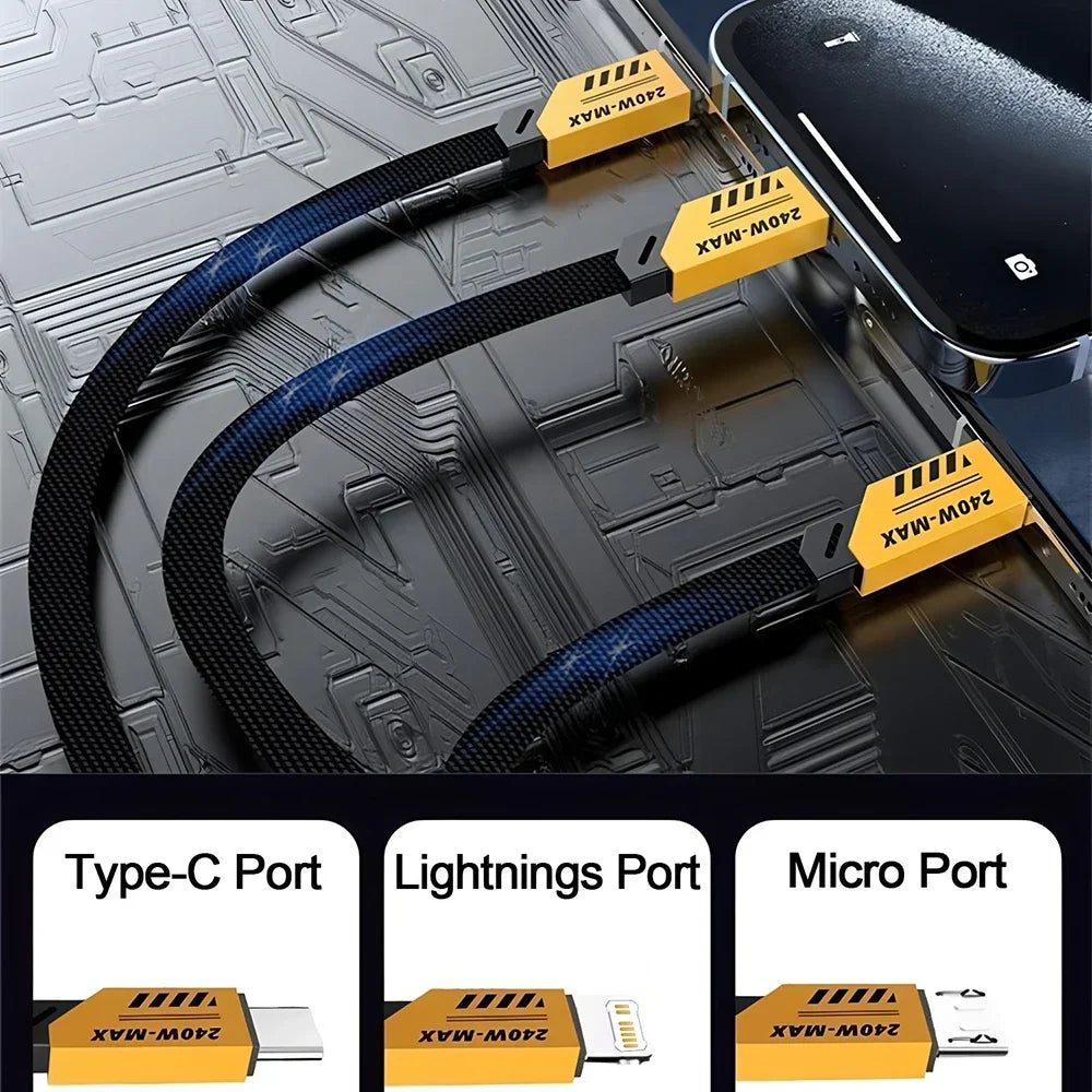 240W 2-in-3 Nylon Braided Multi-Port Fast Charging Cable USB-A + USB-C to USB-C, Lightning & Micro USB