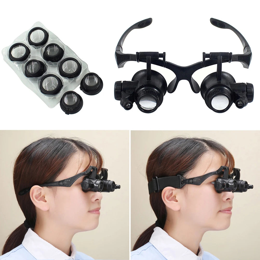 Adjustable LED Headband Magnifier with 10x/15x/20x/25x Interchangeable Lenses — Hands-Free Magnifier for Jewelry Repair, Watchmaking and Reading
