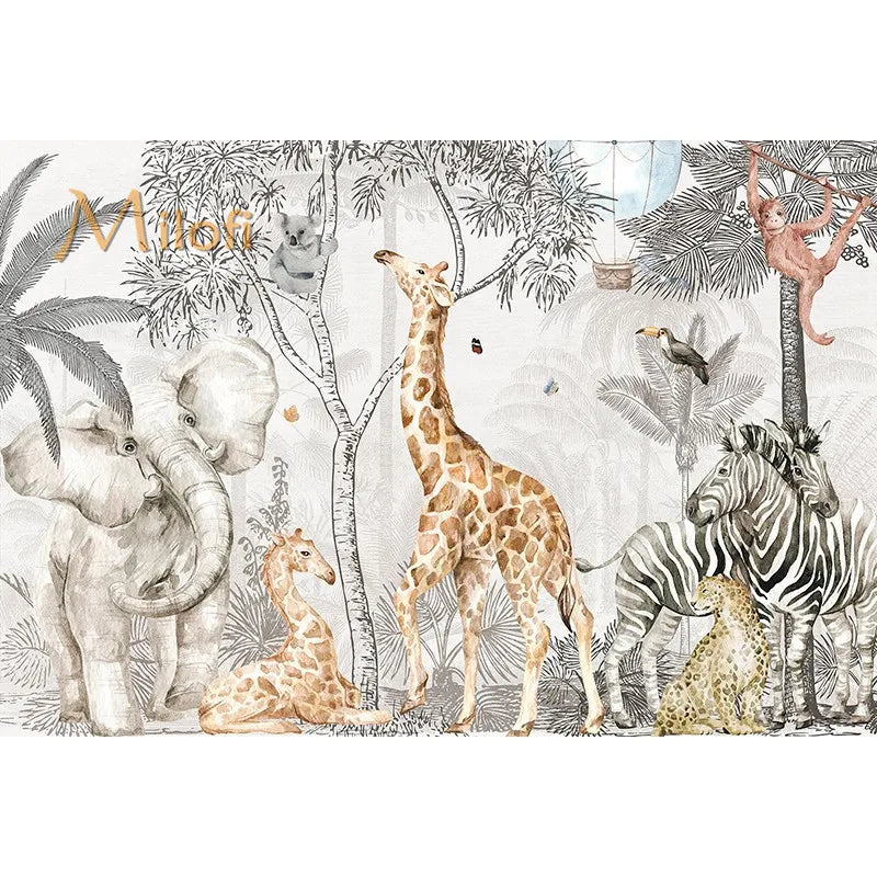 Custom Watercolor Jungle Animal Peel-and-Stick Wall Mural - Giraffe Elephant Zebra Nursery & Kids Wallpaper