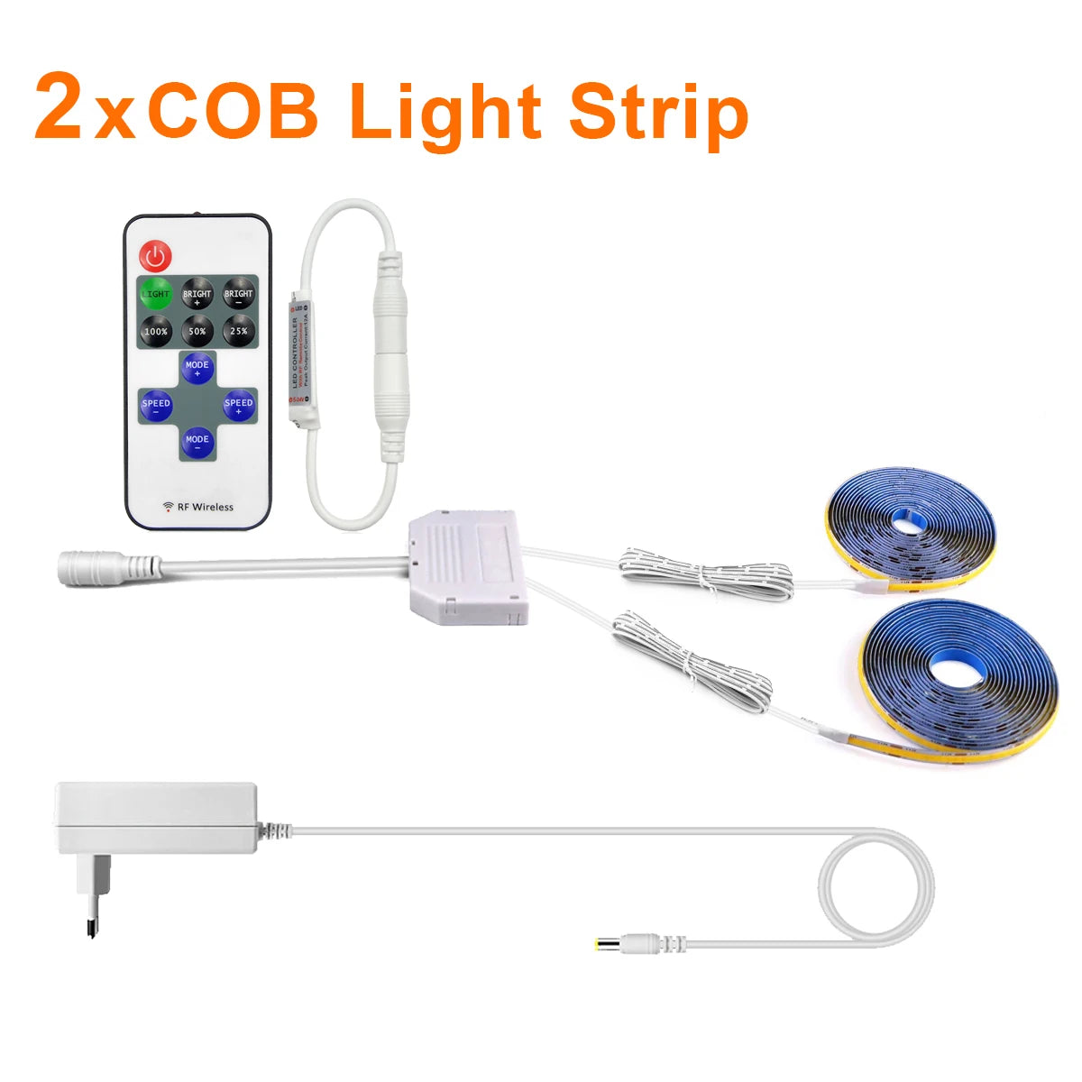 Dimmable COB LED Strip Light 12V DC (EU Plug) with RF Remote, Under-Cabinet & Cabinet Lighting