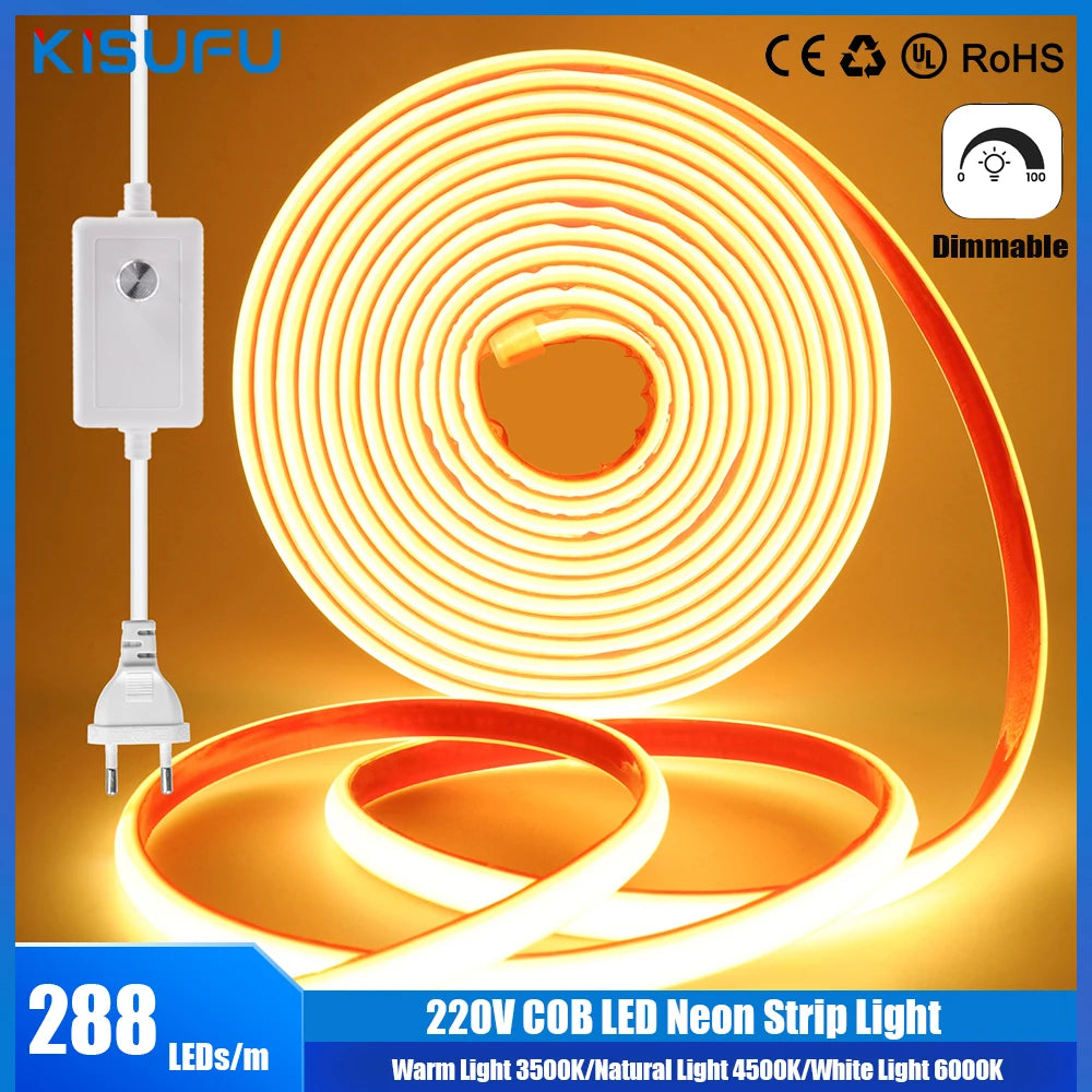 220V COB LED Strip Light 288 LEDs/m IP67 Dimmable with EU Plug & Switch - Flexible Adhesive Tape