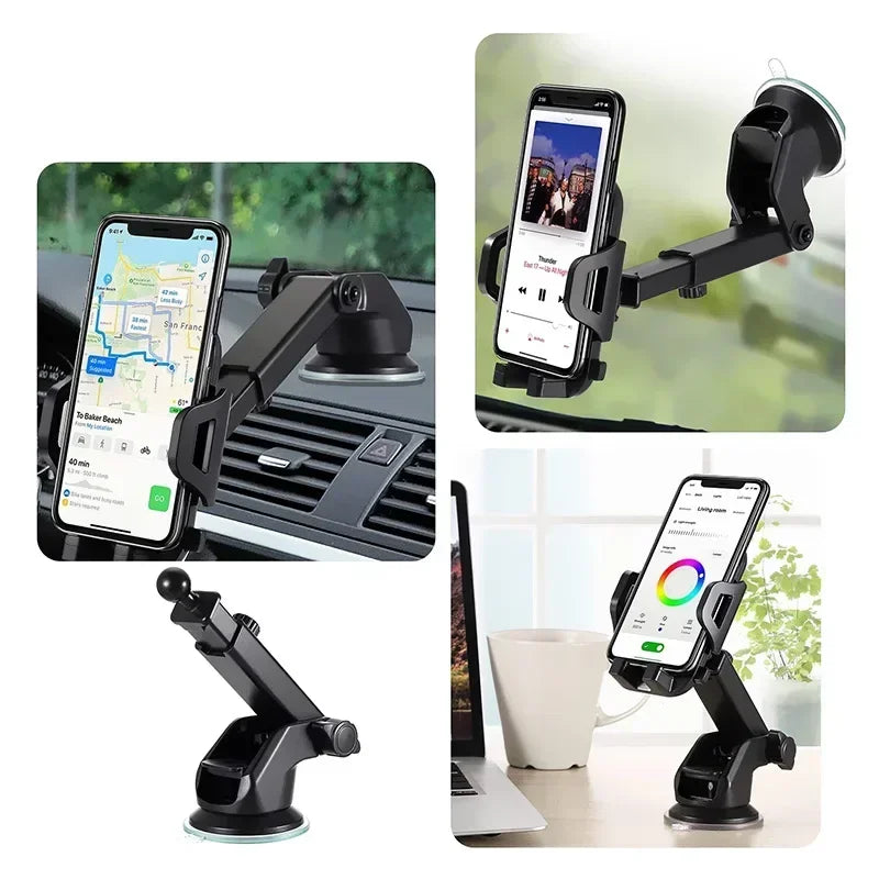 360° Suction Car Phone Mount – Dashboard, Windshield & Vent Holder with Telescopic Arm, One-Hand Operation, Fits 4–7 in (10–17.8 cm)