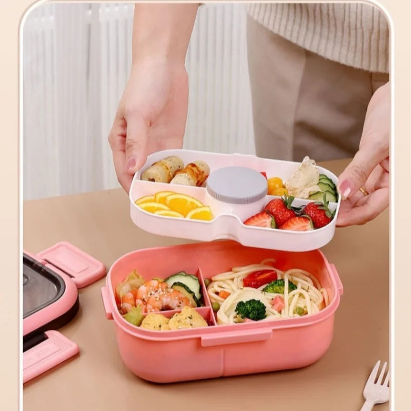 1200ml (1.2L / 40.6 fl oz) Double Layer Leakproof Microwaveable Lunch Box with Fork and Spoon - Portable Compartmental Bento Box for Picnic & Meal Prep