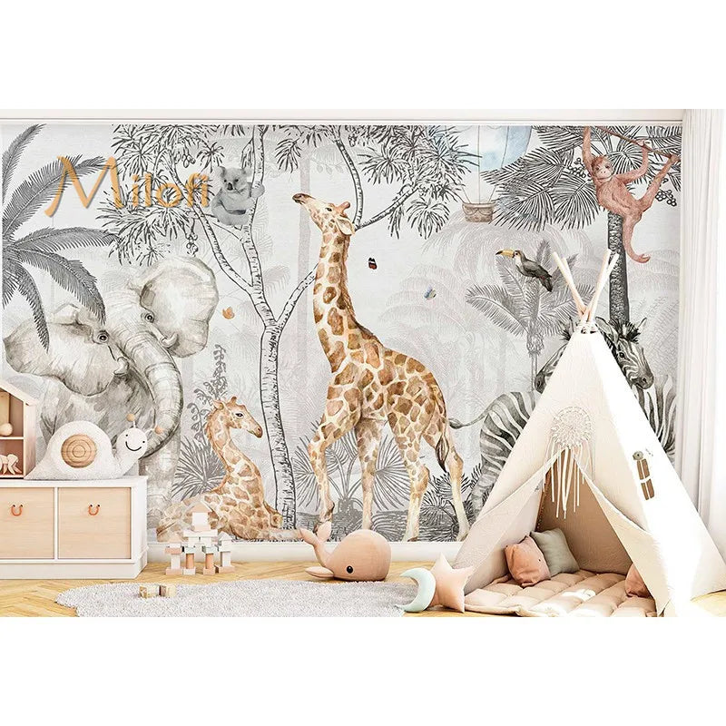 Custom Watercolor Jungle Animal Peel-and-Stick Wall Mural - Giraffe Elephant Zebra Nursery & Kids Wallpaper