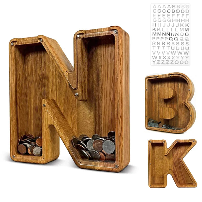 26-Letter Wooden Piggy Bank Alphabet Moneybox Coin Saving Box for Kids Desktop Home Decor