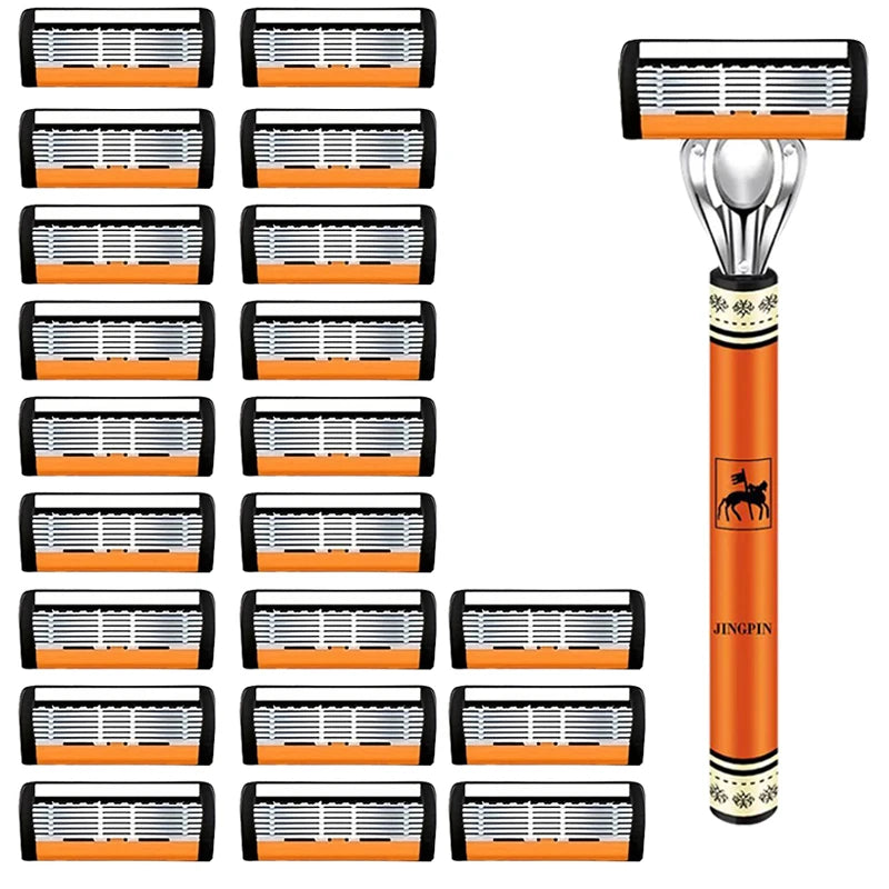 6-Layer Stainless Steel Safety Razor Set for Men - Replaceable Blade Head, Manual Shaving