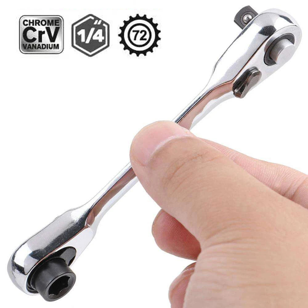 2-in-1 Mini 1/4" (6.35 mm) Ratchet Wrench & Bit Holder — 72-Tooth Double-Head