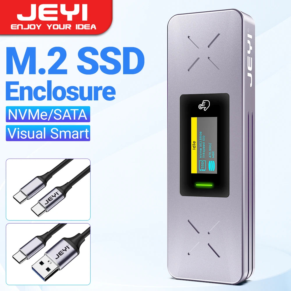 M.2 NVMe & SATA SSD Enclosure with Visual Display — USB 3.2 Gen 2 10Gbps, M-Key & B+M Key, UASP TRIM, Hot-Swap