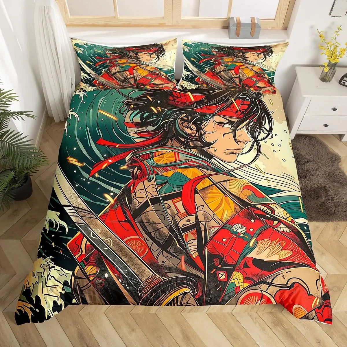 Japanese Samurai Duvet Cover Set 3-Piece - Cherry Blossoms Red Sun & Mount Fuji Print - Multiple Sizes (Twin/Full/Queen/King)