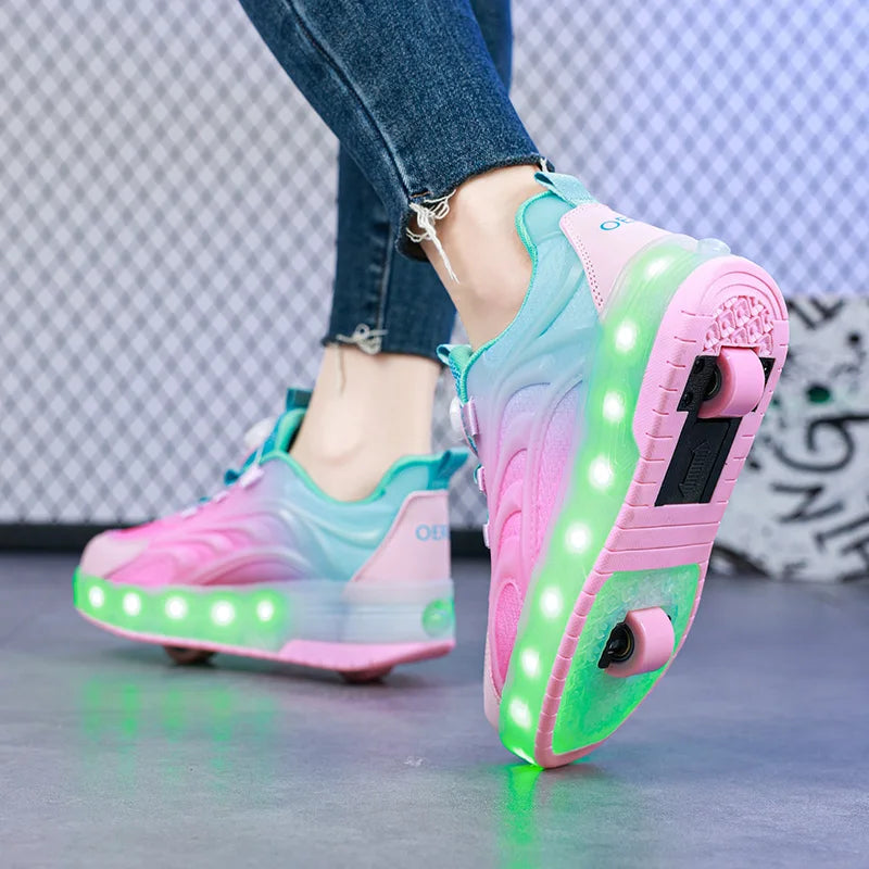 Kids LED Light-Up Sneakers Ages 7-13 - Breathable Mesh Patchwork High-Top with EVA Insole