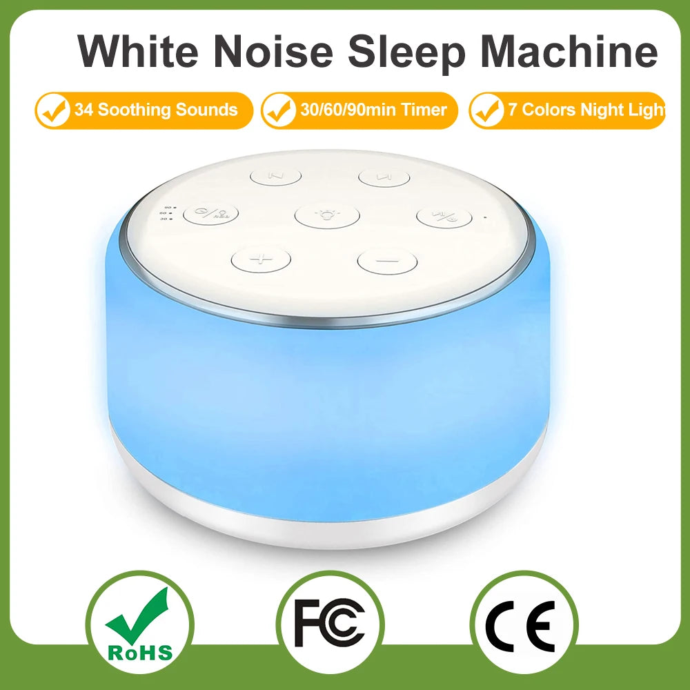 White Noise Machine for Baby – Portable Sleep Sound Machine with 34 Soothing Sounds, 7-Color Night Light, Timer & USB-C Rechargeable