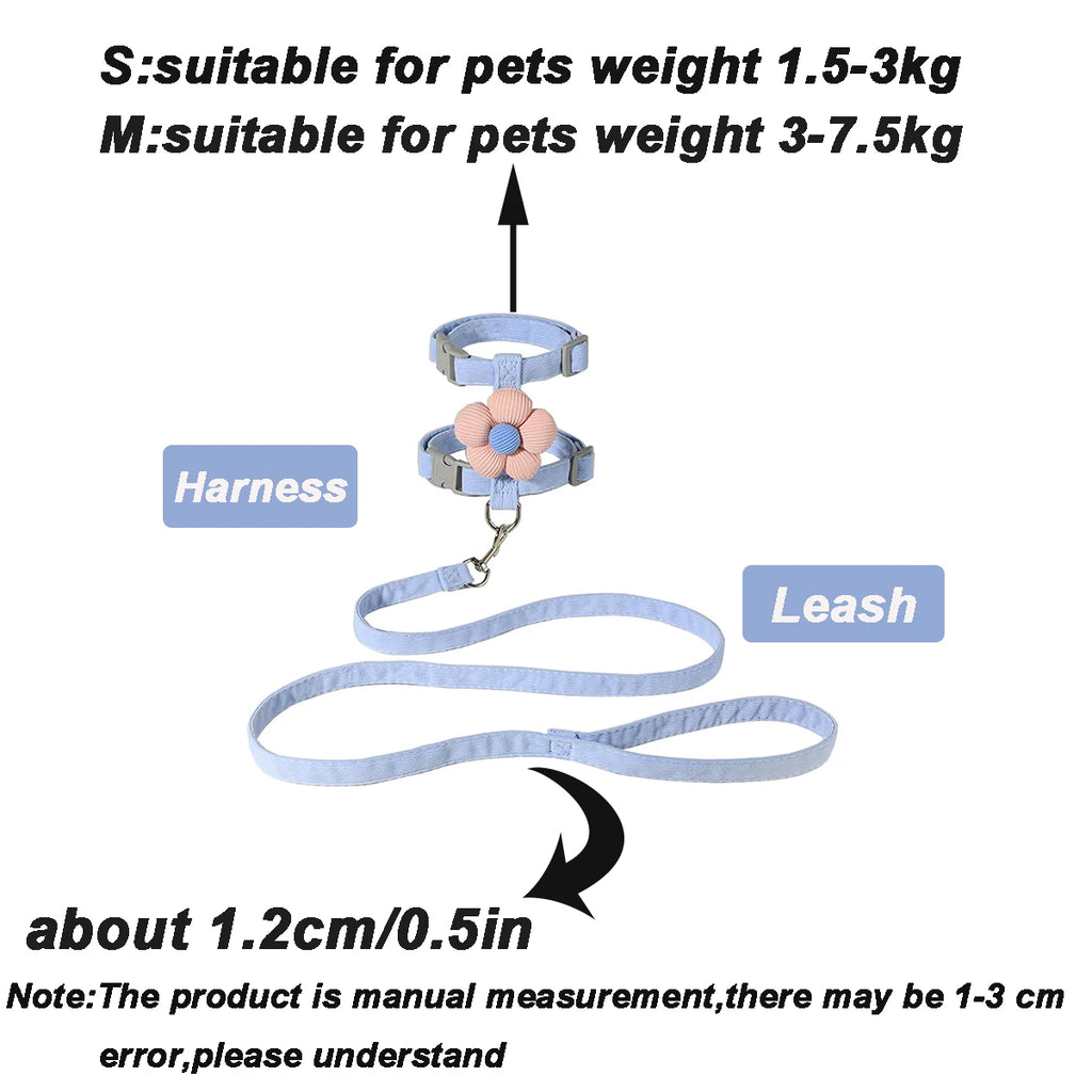 Adjustable Breathable Cat & Small Dog Harness with 120 cm (47 in) Leash, Escape-Proof Chest Strap S/M