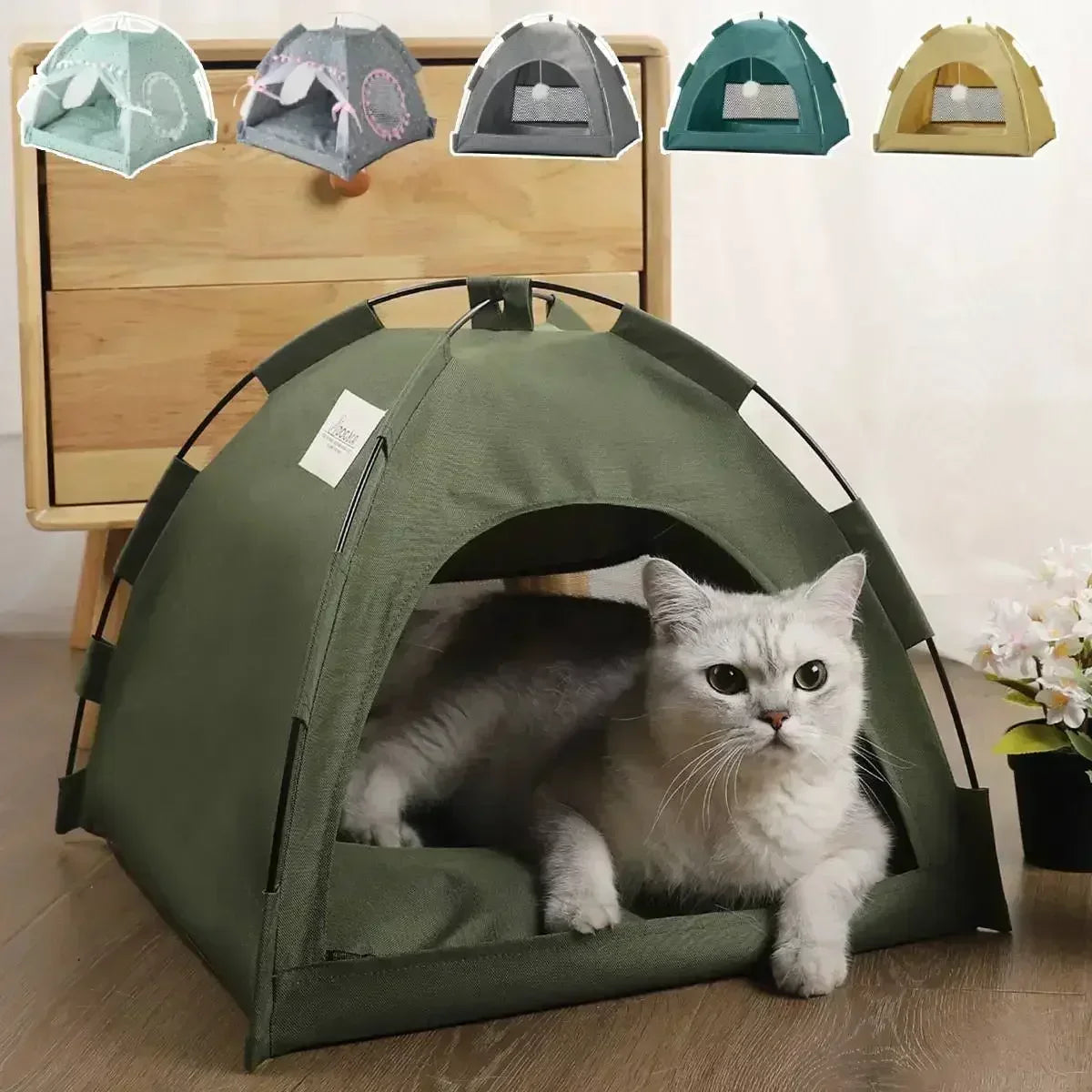 Removable Pet Tent Bed Semi-Enclosed Fleece Cat & Small Dog Sofa Basket Cozy Cave Sleeping Bed for Indoor Room Decor